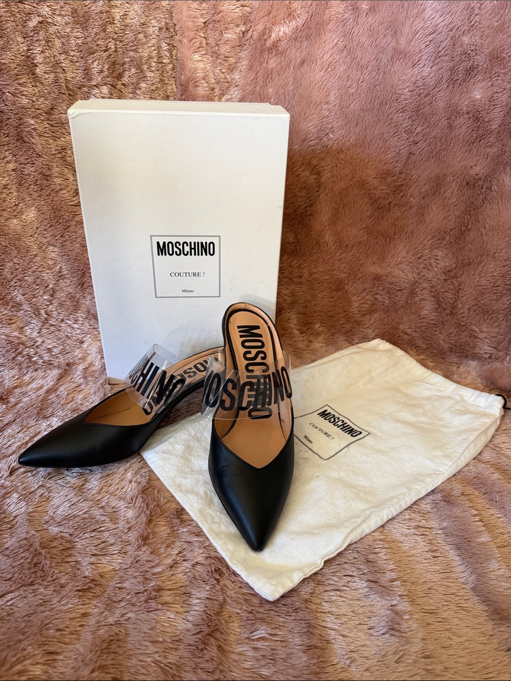 Moschino Black Pointed Logo Pumps